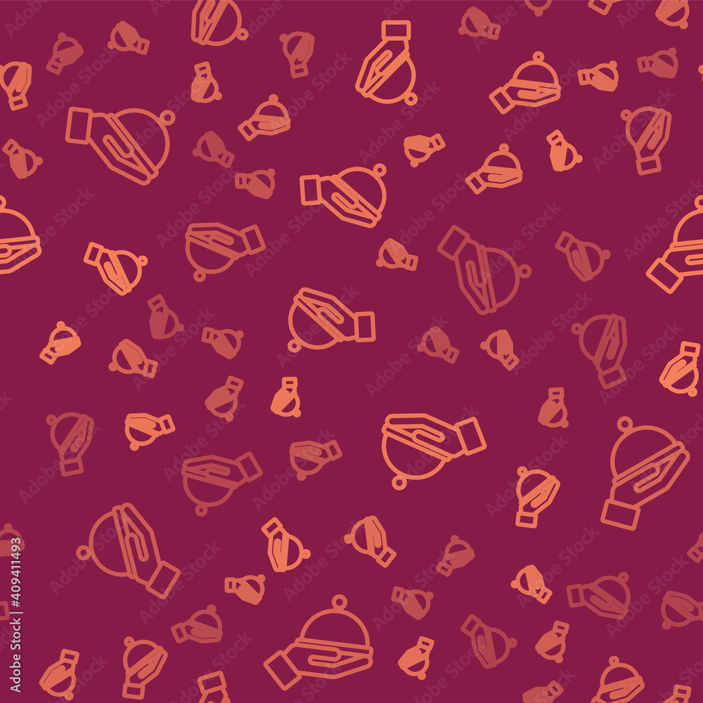 棕色线条，红色背景上覆盖着一托盘食物图标隔离无缝图案。托盘和li