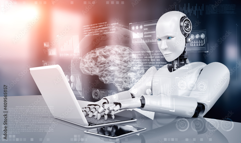 人形机器人使用笔记本电脑，在AI思维大脑、人工智能的概念下坐在桌子旁