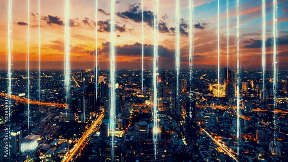全球化的智能数字城市抽象图形显示连接网络。未来的概念