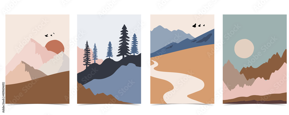 Collection of nature landscape background set with mountain,sea,sun,moon.Editable vector illustratio