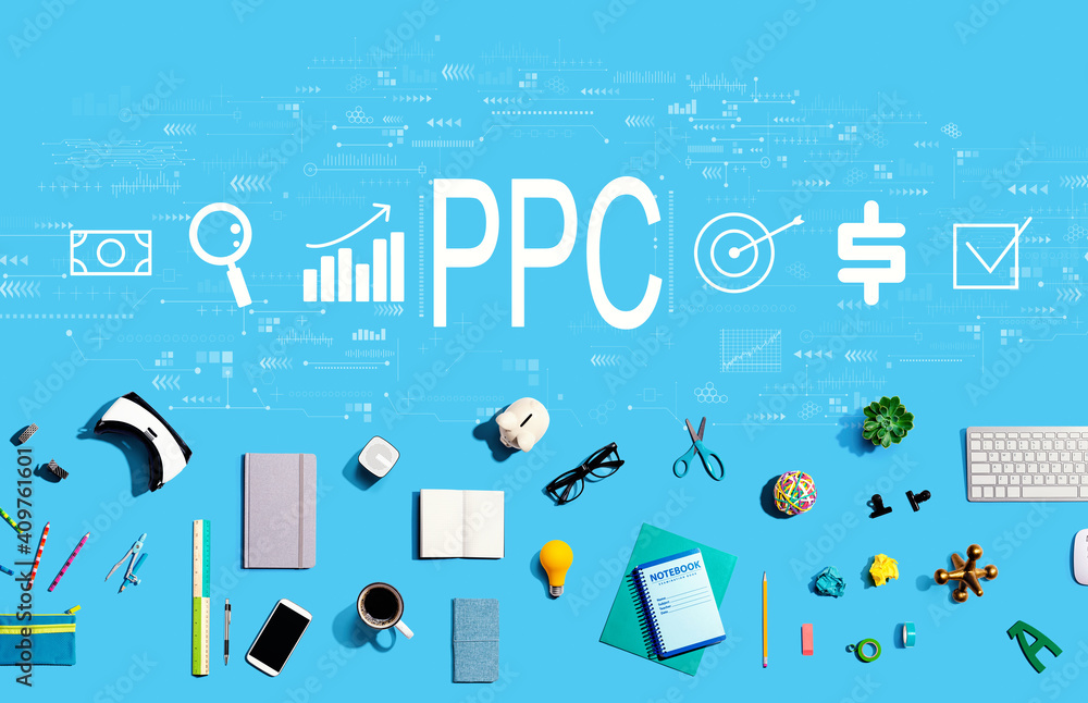 PPC-每次点击付费概念，包括电子小工具和办公用品