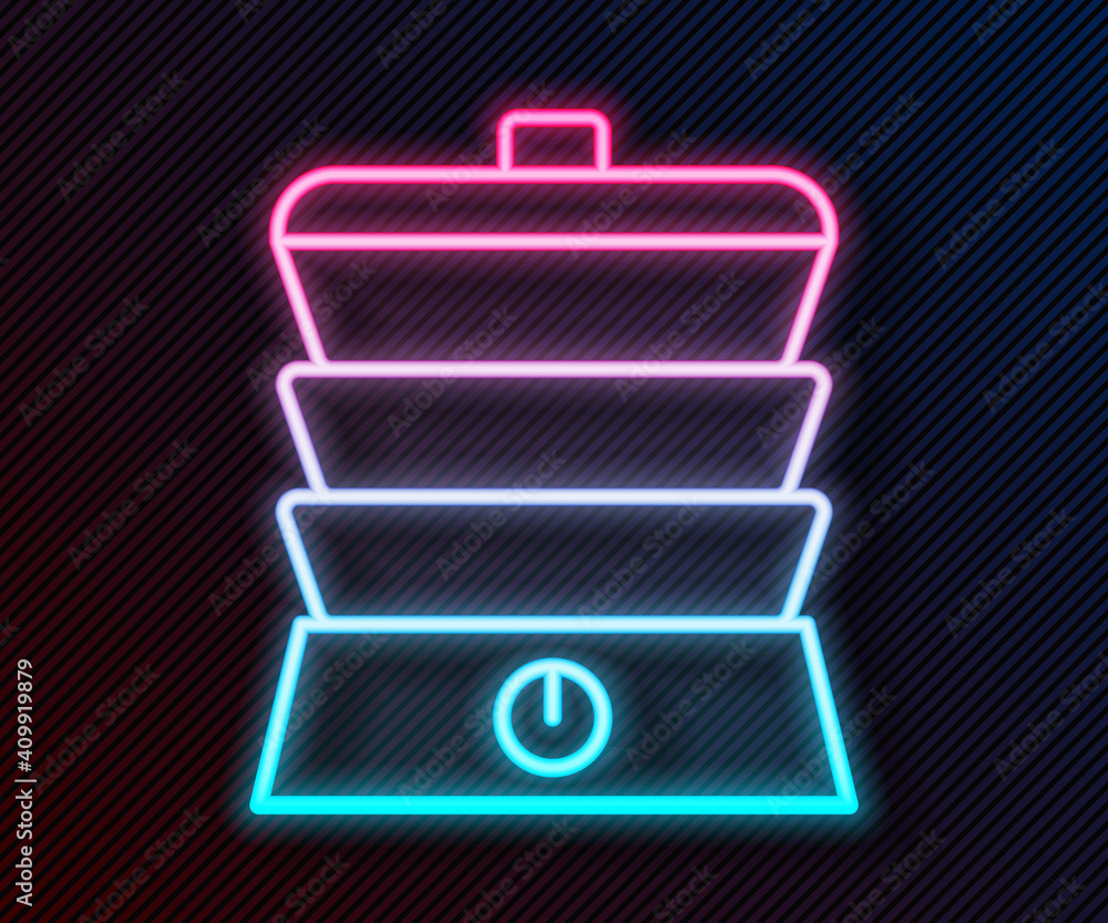 Glowing neon line Slow cooker icon isolated on black background. Electric pan. Vector.