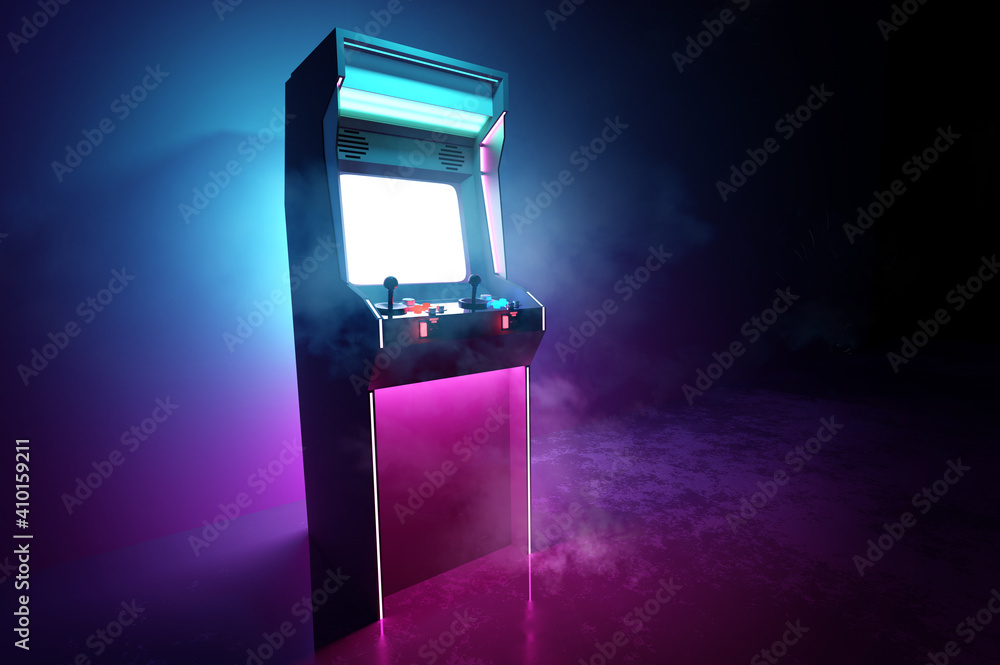 霓虹粉色和青色复古游戏街机背景。3D插图。