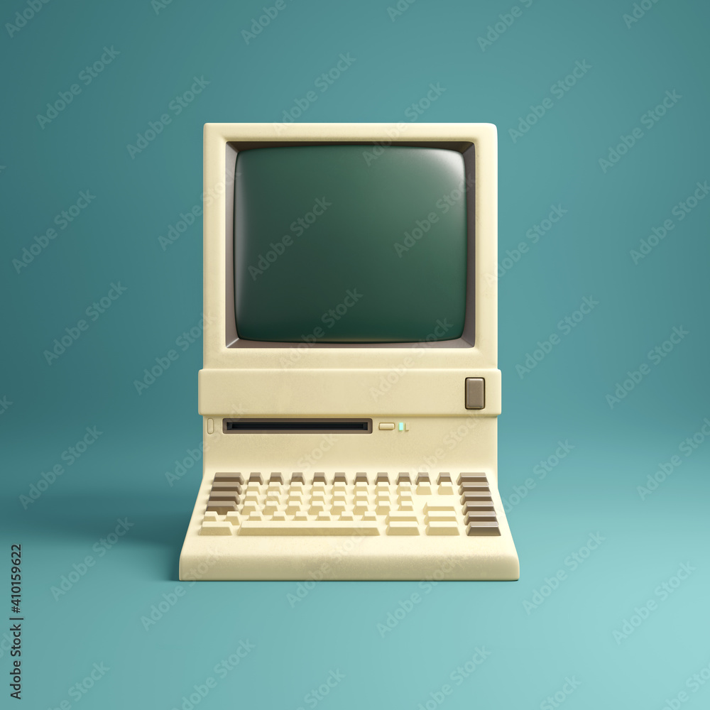 Retro 1980s style beige desktop computer and built in screen and keyboard.  3D illustration.