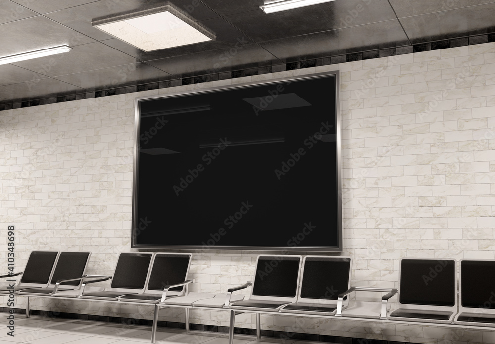 地下墙上的水平A4广告牌实物模型。火车站墙上的围板广告3D re