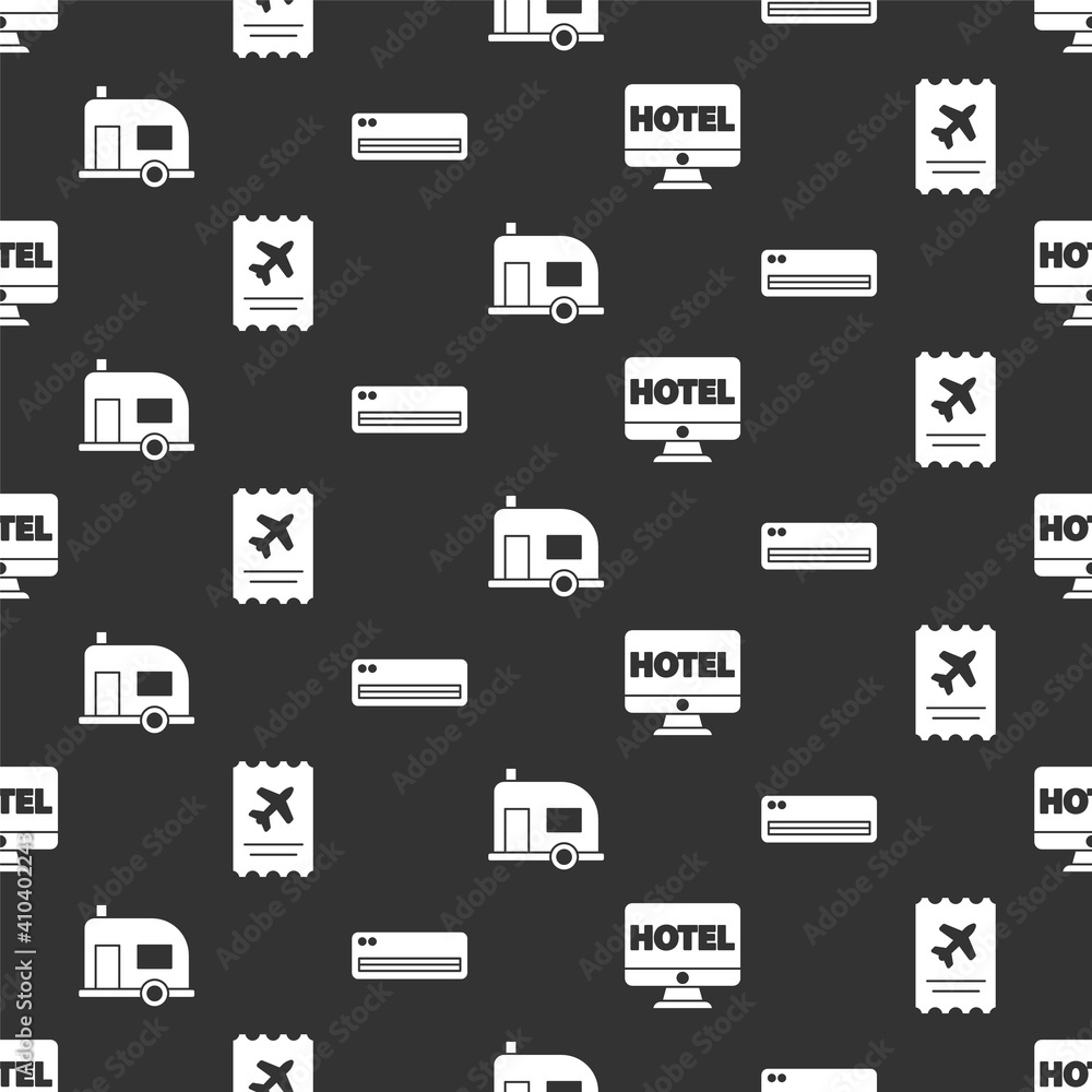 Set Online hotel booking, Airline ticket, Rv Camping trailer and Air conditioner on seamless pattern