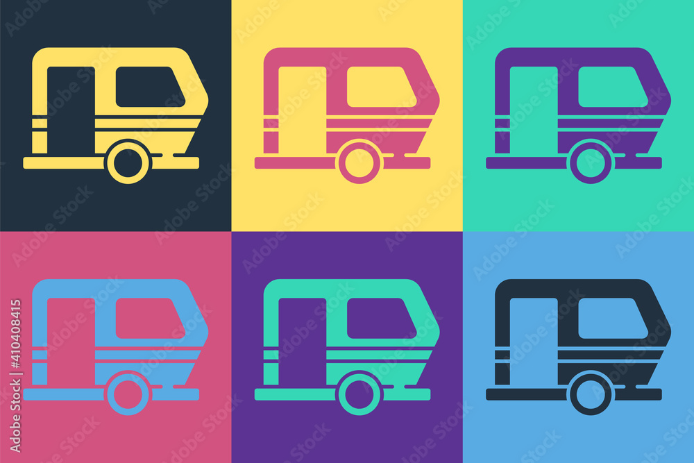 流行艺术Rv露营拖车图标隔离在彩色背景上。旅行移动房屋，房车，家庭营地