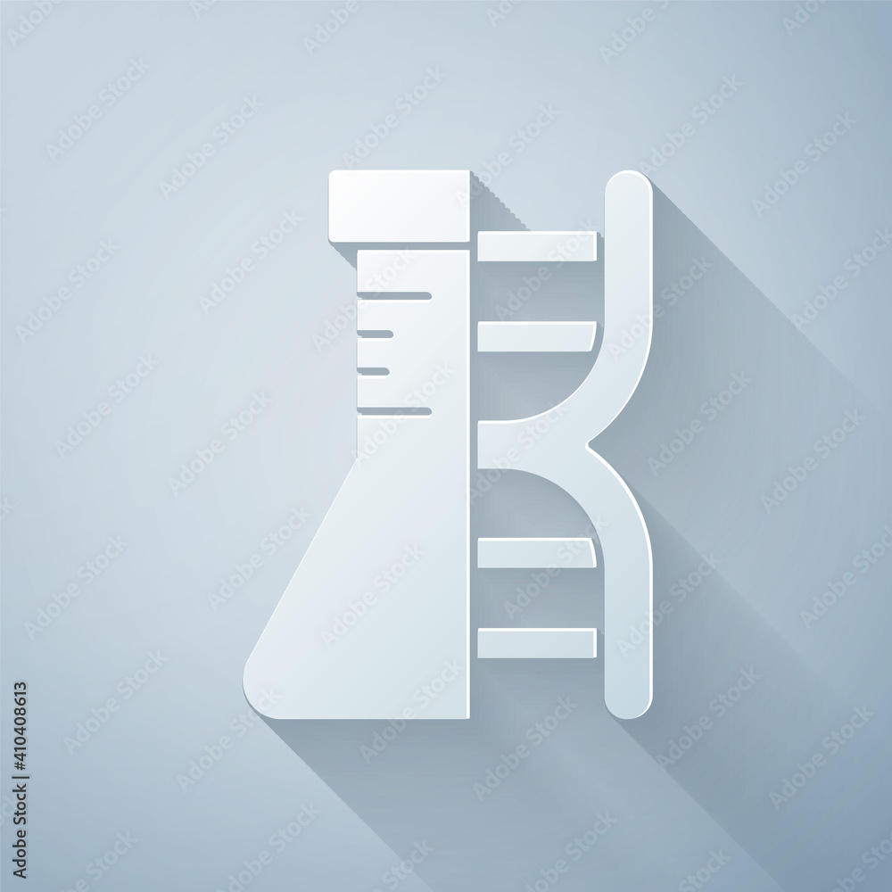 剪纸DNA研究，灰色背景下分离的搜索图标。基因工程，遗传学测试