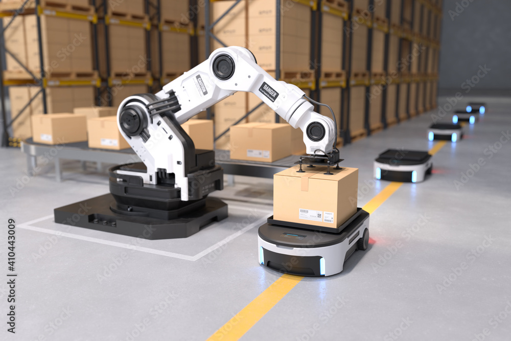 机械臂将箱子拾取到仓库中的自动机器人运输，仓库自动化