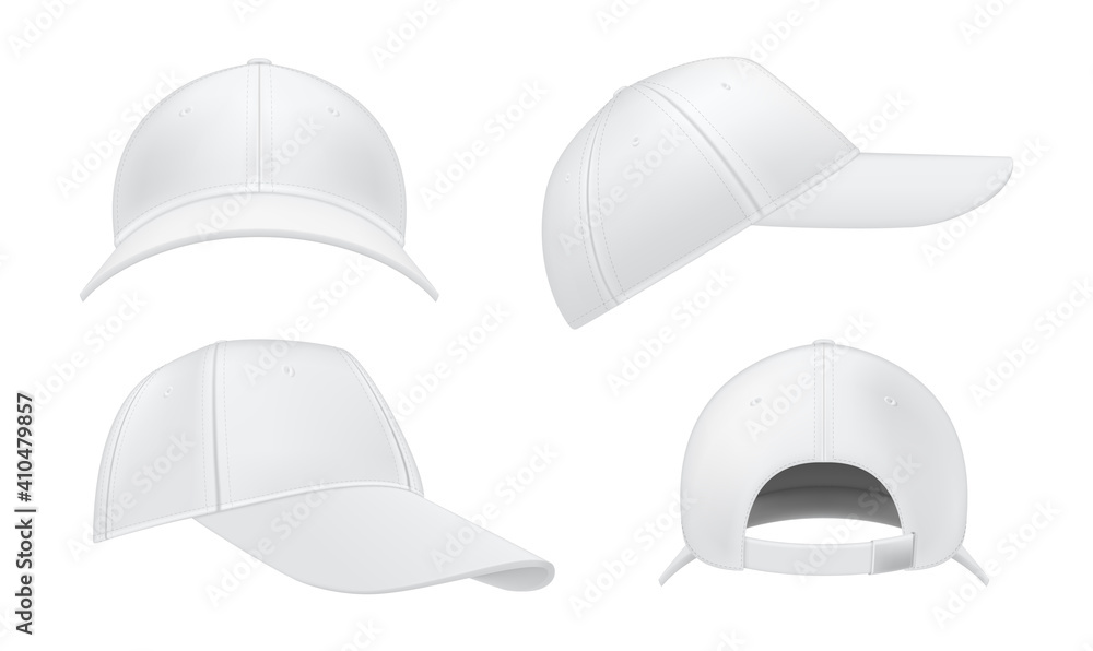 棒球帽真实模型集。正面、侧面、四分之三、背面视图。运动帽空模板。