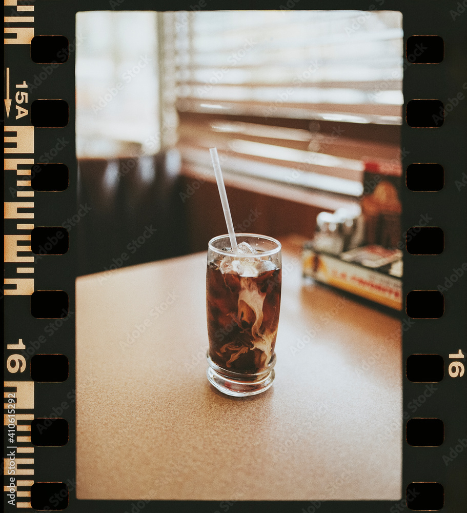 Iced coffee on a table in an American diner