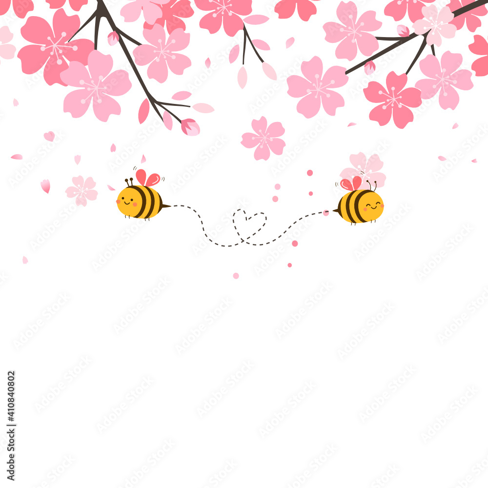 白色背景矢量插图上的樱花树枝和蜜蜂漫画。樱花。