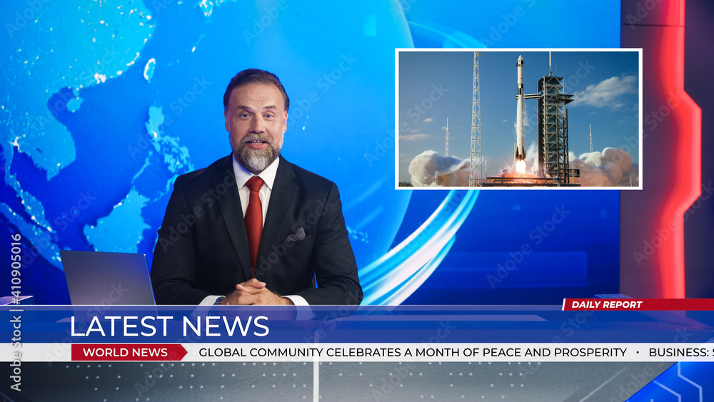 直播新闻工作室，主播报道火箭发射成功，视频蒙太奇显示太空船