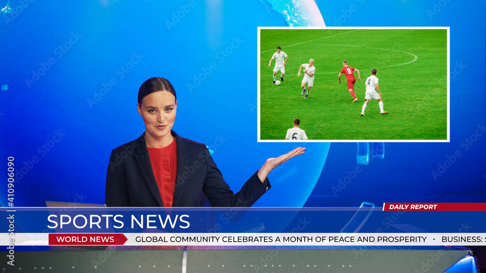 新闻直播间，女主播报道足球比赛比分的体育新闻，故事秀亮点