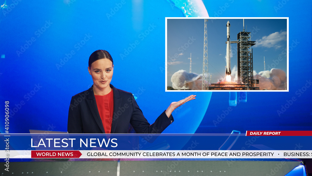 现场新闻工作室，一位美丽的女主播报道火箭发射成功，蒙太奇·肖