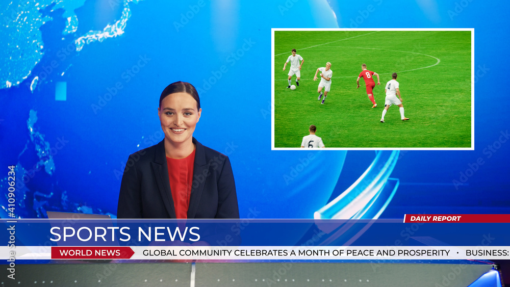 新闻直播间，女主播报道足球比赛比分的体育新闻，故事秀亮点