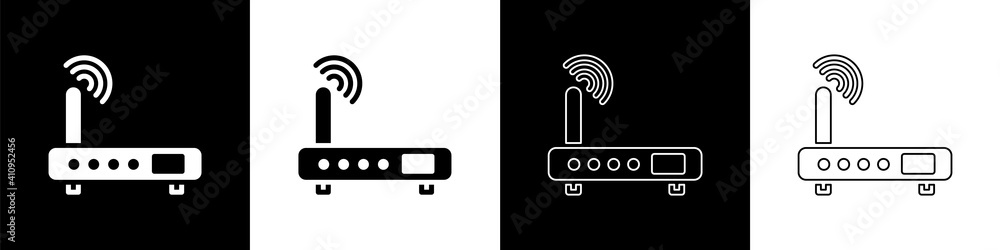 将路由器和wi-fi信号图标隔离在黑白背景上。无线以太网调制解调器rou