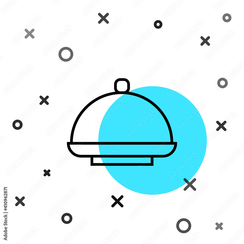 黑线覆盖着一盘白色背景上隔离的食物图标。托盘和盖子标志。餐厅
