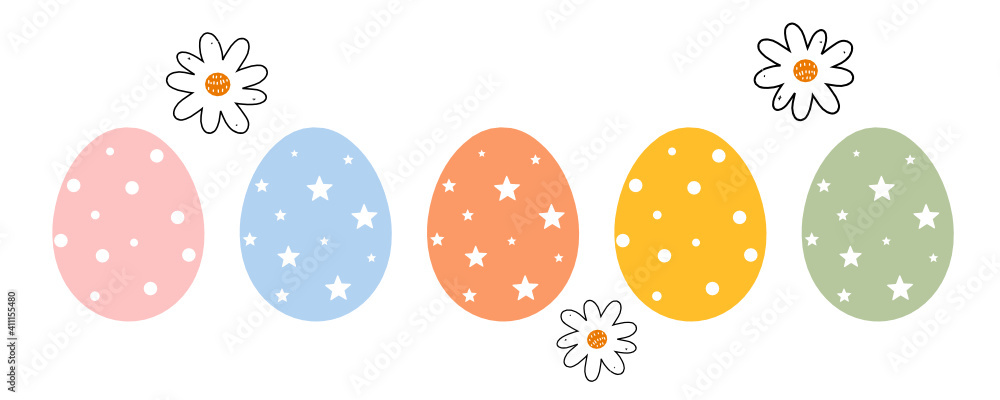 复活节彩蛋，白色背景矢量插图上有花朵图标。