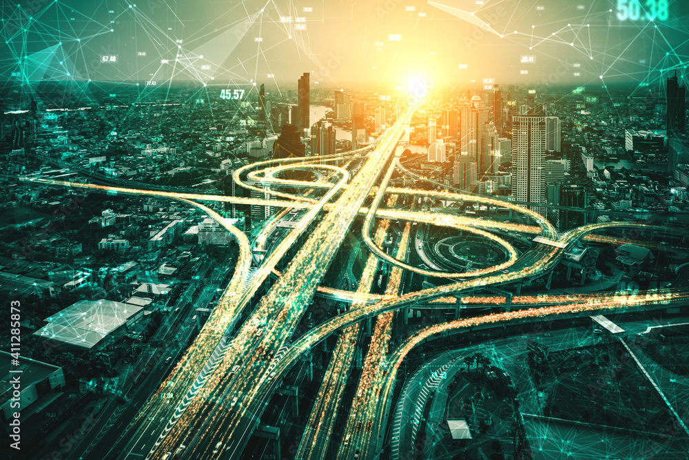 具有数字数据传输图形的未来道路交通技术，显示交通概念
