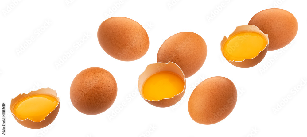 白色背景下掉落的鸡蛋被隔离