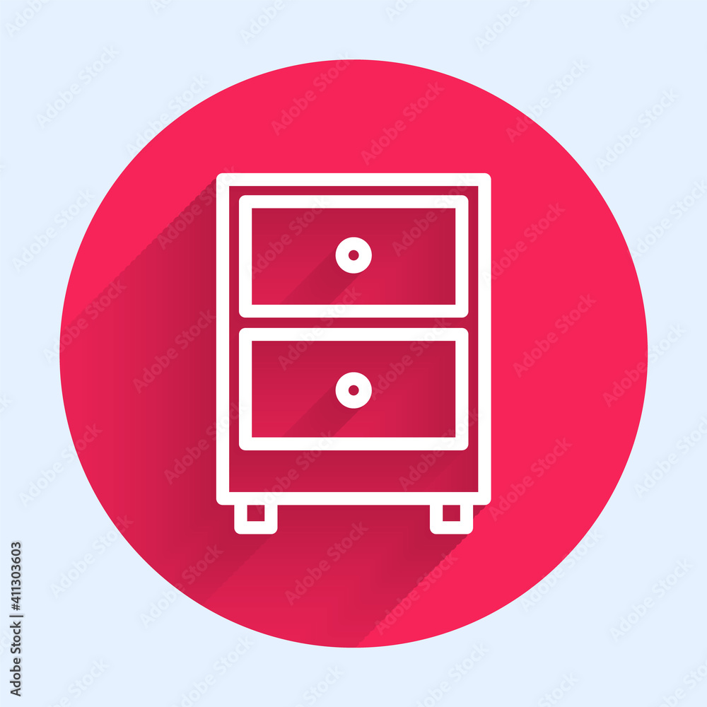 White line Drawer with documents icon isolated with long shadow. Archive papers drawer. File Cabinet