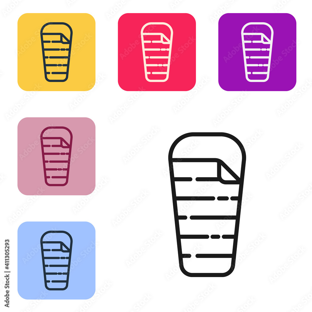 Black line Sleeping bag icon isolated on white background. Set icons in color square buttons. Vector