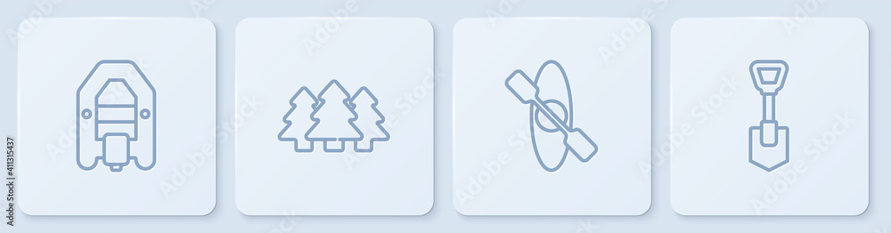 Set line Rafting boat, Kayak or canoe, Forest and Shovel. White square button. Vector.