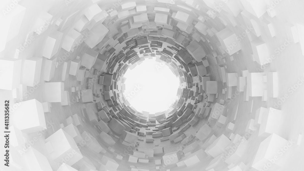 由白色立方体制成的抽象白色3d圆形隧道3d插图