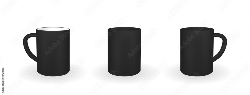 Set of Realistic black mug on a white background. 3D rendering. Vector Illustration
