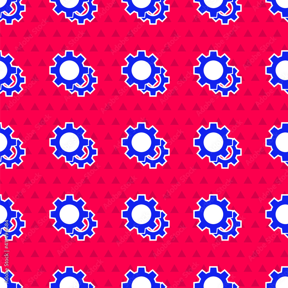 Blue Gear icon isolated seamless pattern on red background. Cogwheel gear settings sign. Cog symbol.