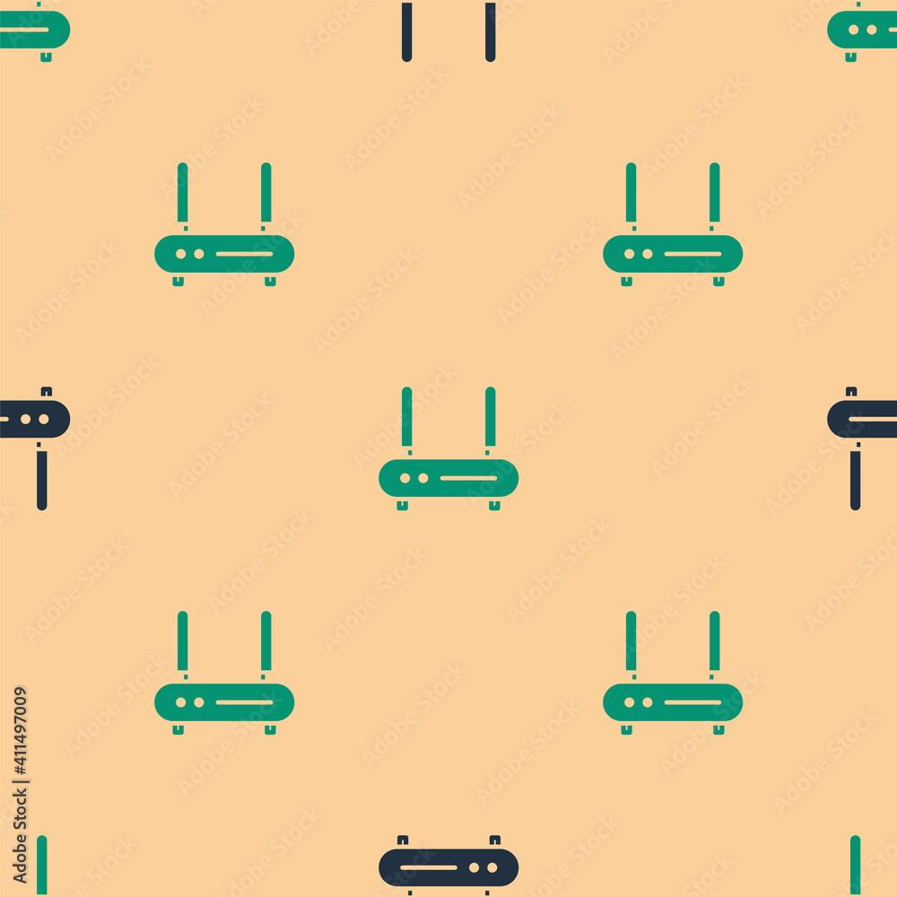 Green and black Router and wi-fi signal icon isolated seamless pattern on beige background. Wireless