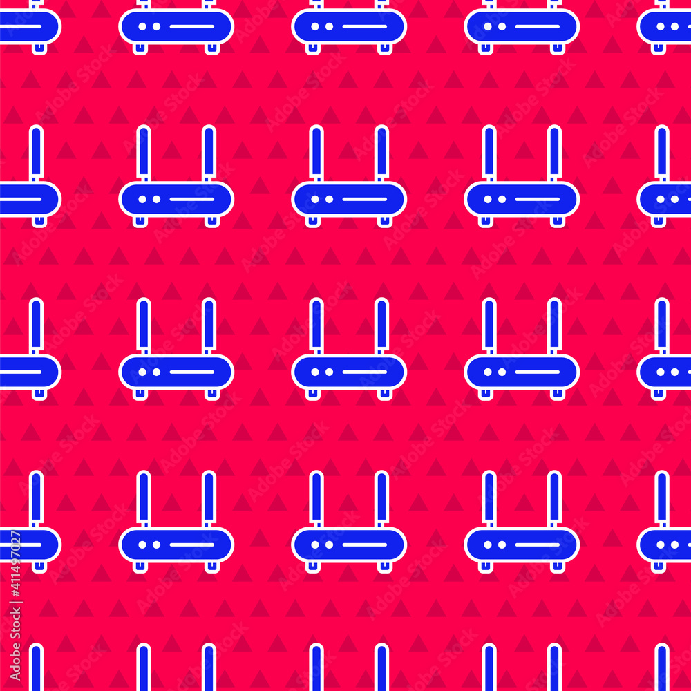 Blue Router and wi-fi signal icon isolated seamless pattern on red background. Wireless ethernet mod