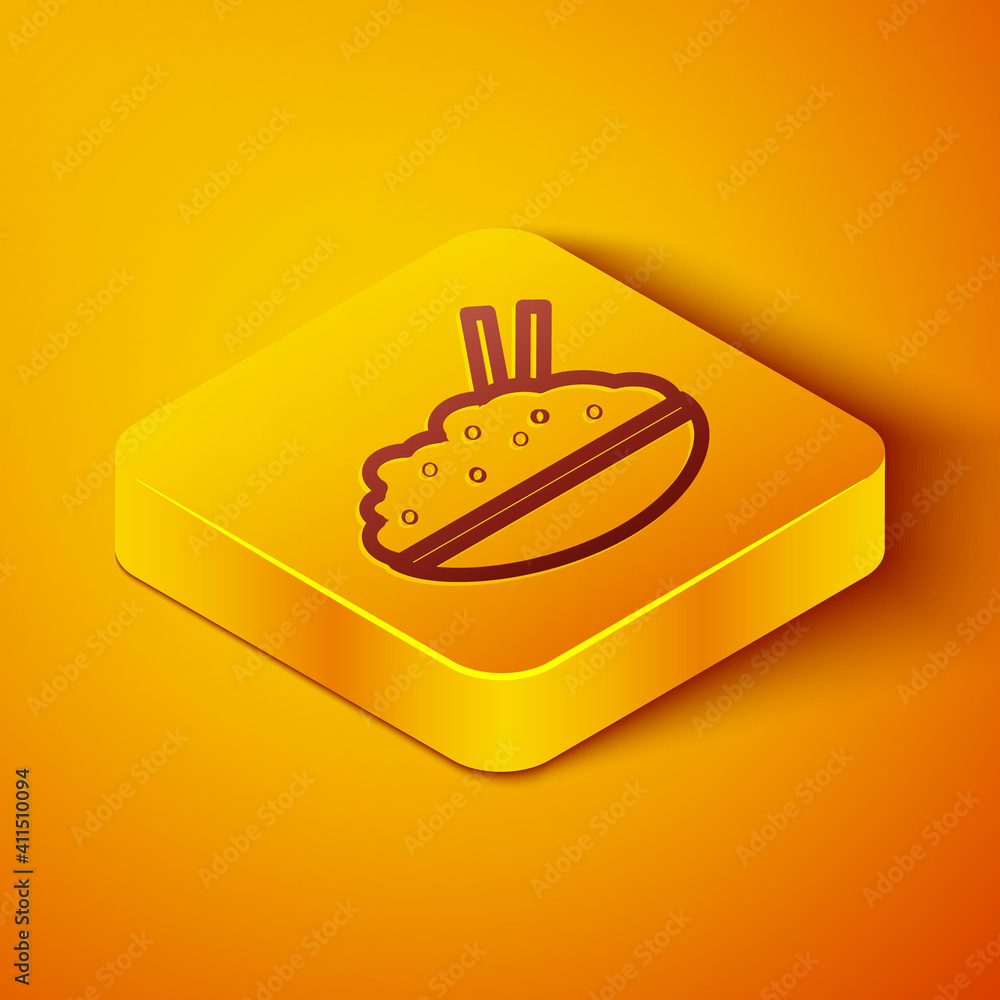 等距线碗里的米饭，橙色背景上有筷子图标。传统亚洲f