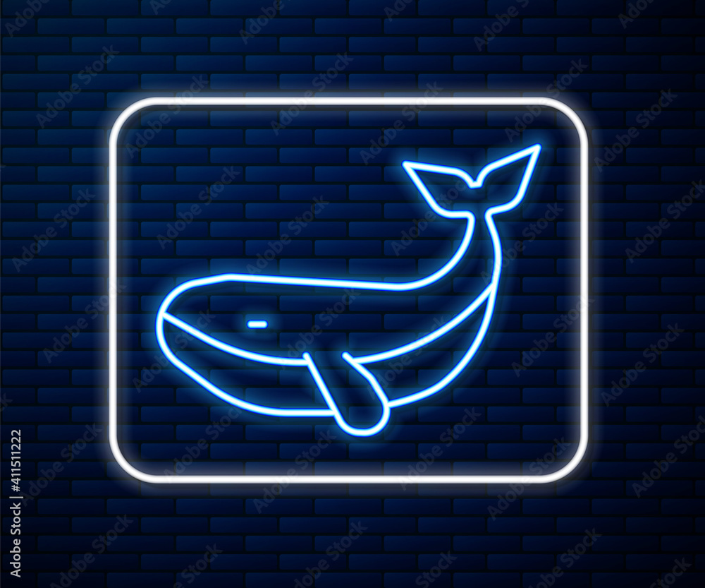 闪亮的霓虹灯线条鲸鱼图标被隔离在砖墙背景上。矢量。