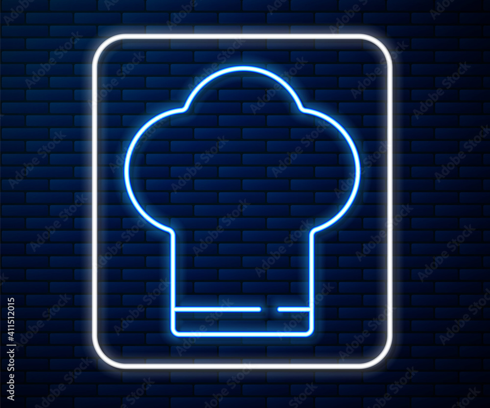Glowing neon line Chef hat icon isolated on brick wall background. Cooking symbol. Cooks hat. Vector