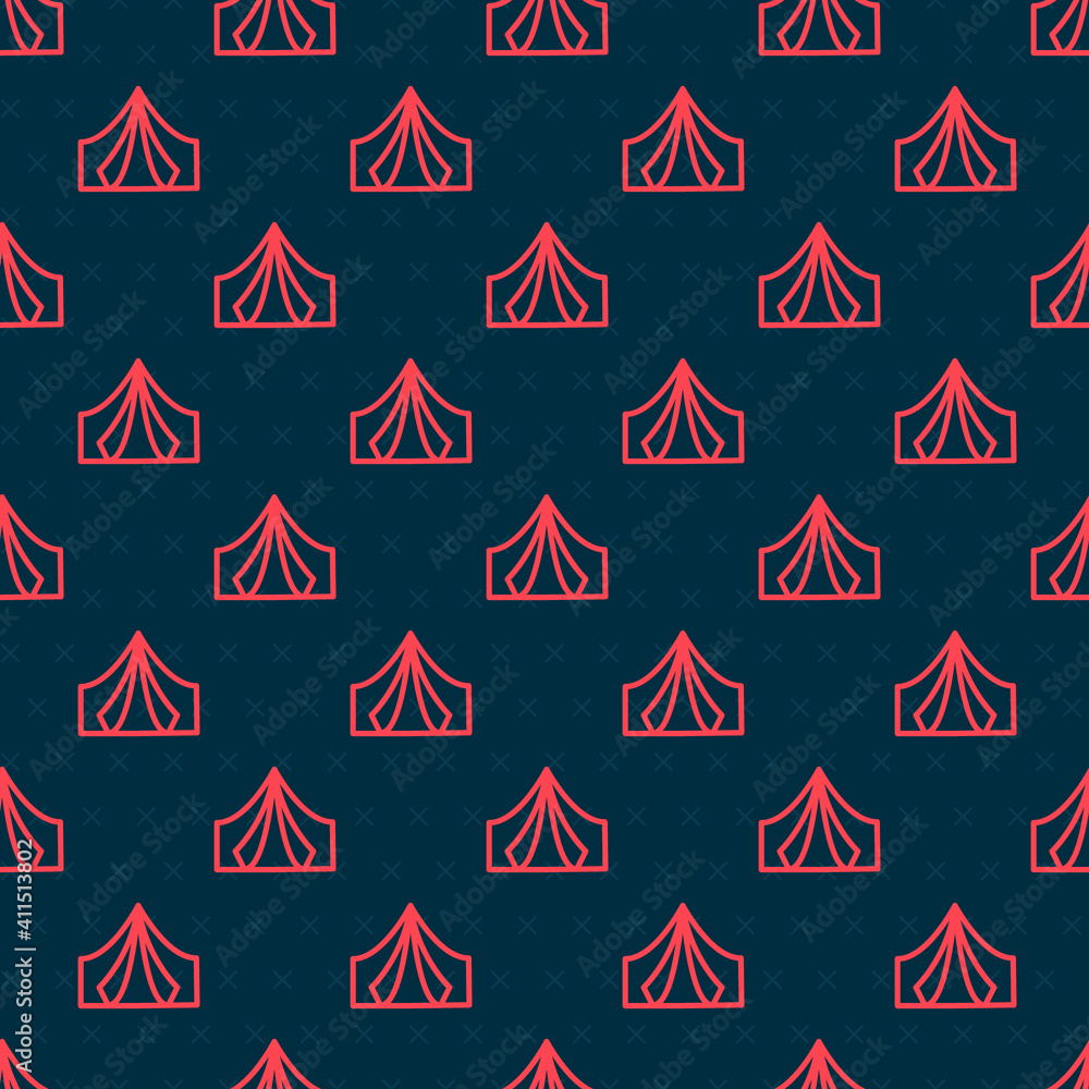 红线旅游帐篷图标，黑色背景上的隔离无缝图案。露营符号。矢量。