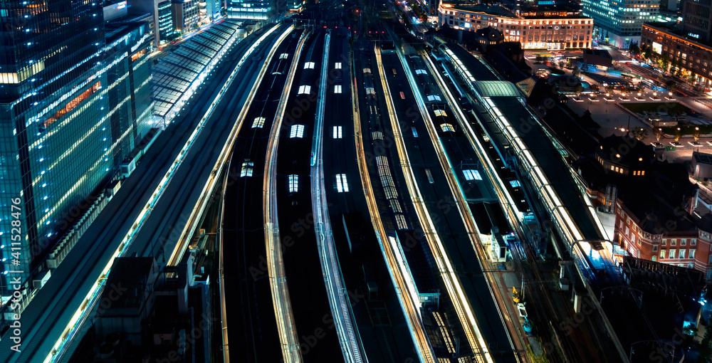 Aerial view of trains in Tokyo station, Tokyo, Japan