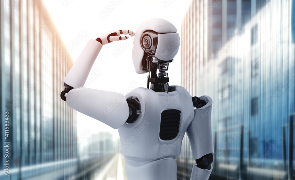 3D illustration robot humanoid looking forward against cityscape skyline . Concept of leadership, id