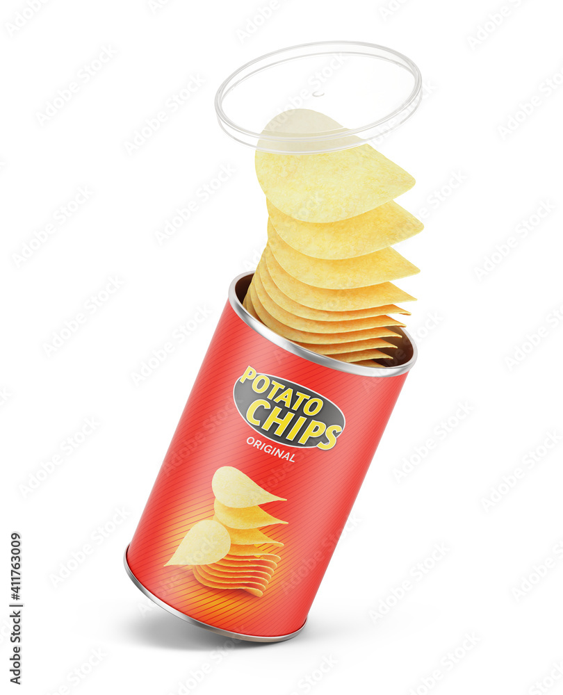 Open cardboard cylinder box can with potato chips isolated on white. Cips can tube. 3d rendering