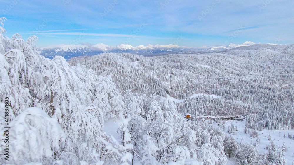 航空：飞越雪山，可以看到广阔的山谷和遥远的朱利安阿尔卑斯山