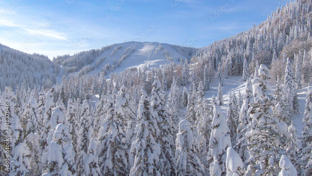 由于新冠肺炎规定，在阳光明媚的冬天，航空航天局滑雪场的斜坡仍然是空的