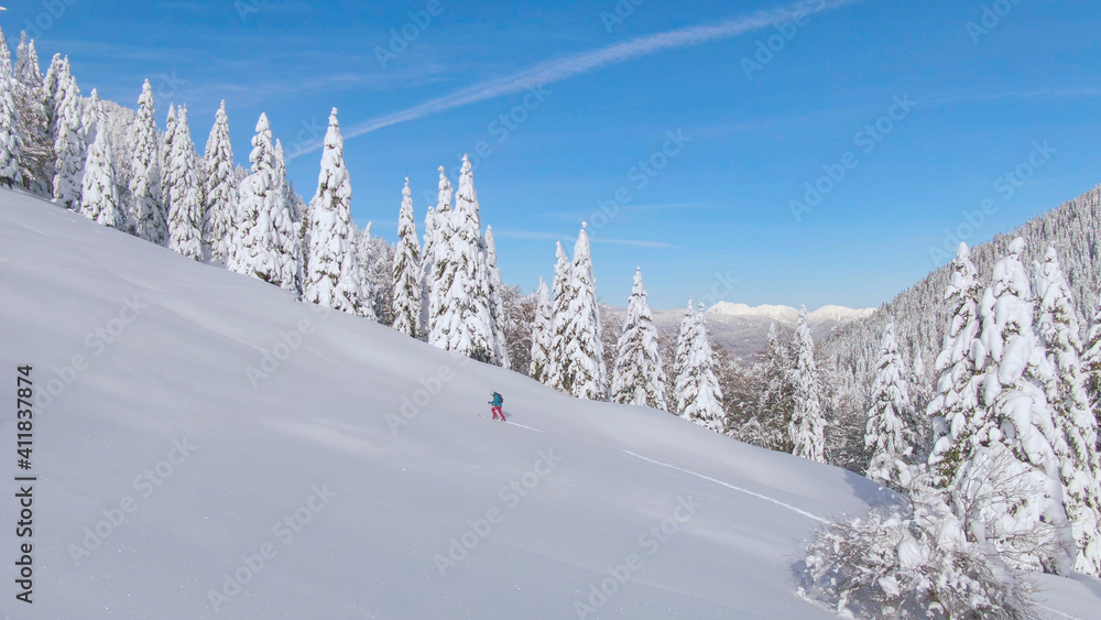 无人机：Bohinj适合女性游客的滑雪之旅在雪山上徒步旅行。