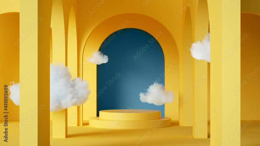 三维渲染，抽象背景，云在蓝色拱门的黄色房间内飞舞。简单的geom