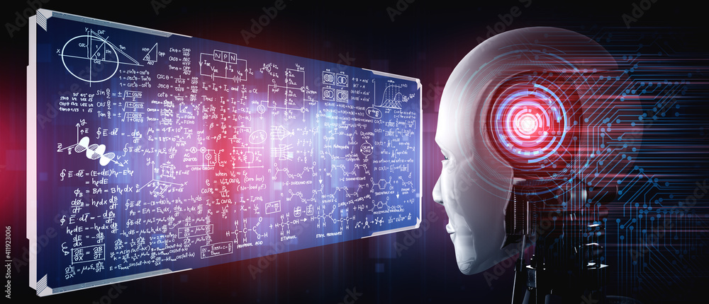 Humanoid AI robot looking at hologram screen in concept of math calculation and scientific equation 