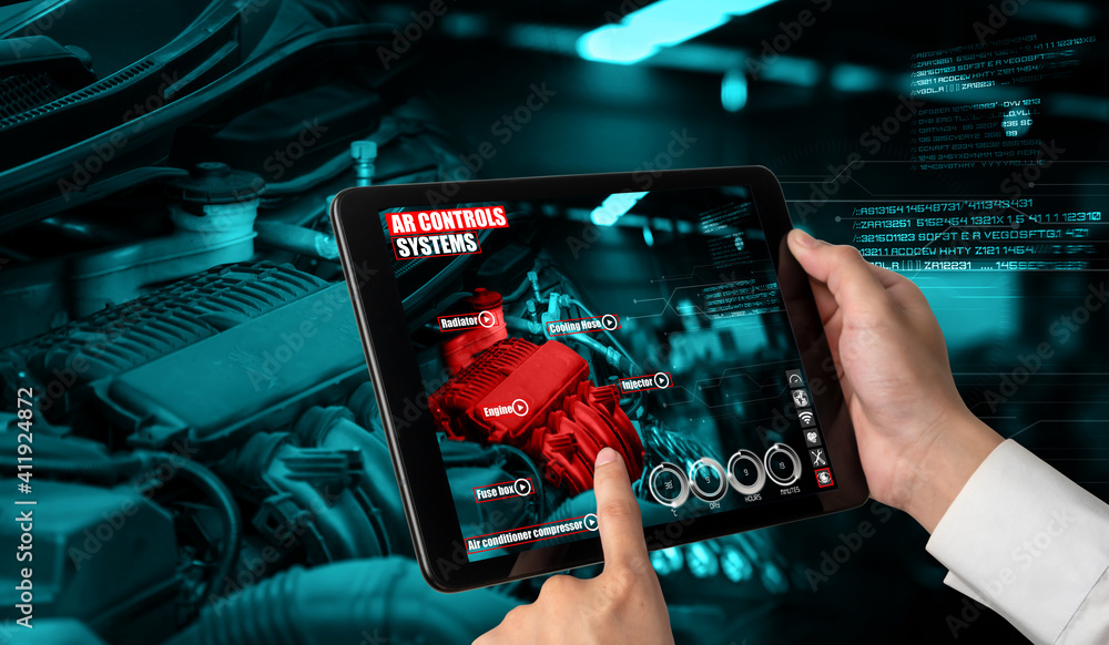 Engineer use augmented reality software to monitor parts of car vehicle with automated application .