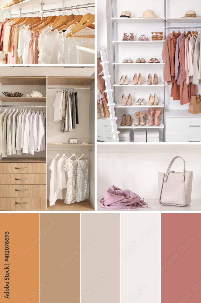 Collage of photos with stylish clothes and accessories in modern wardrobe. Different color patterns