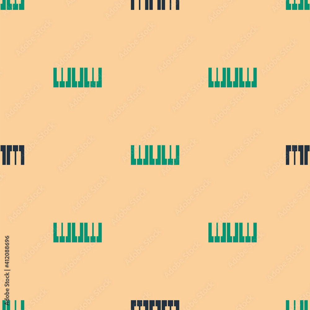 米色背景上的绿色和黑色音乐合成器图标隔离无缝图案。电子pia