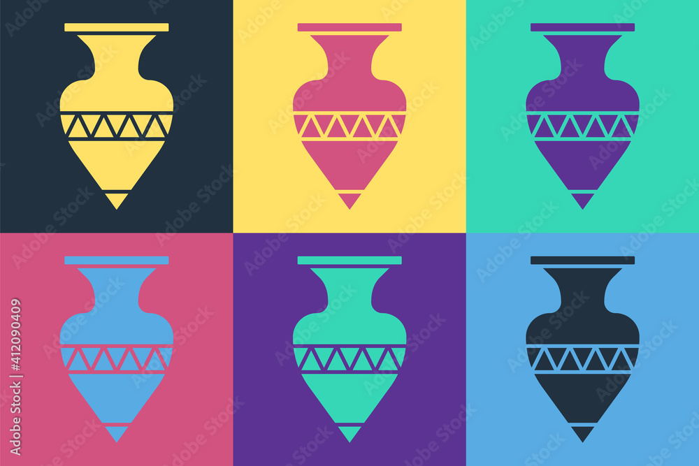 流行艺术——在彩色背景上隔离的古代双耳瓶图标。矢量。