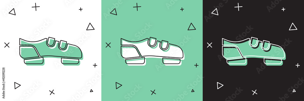 将铁人三项自行车运动鞋图标隔离在白色和绿色，黑色背景上。运动鞋，自行车